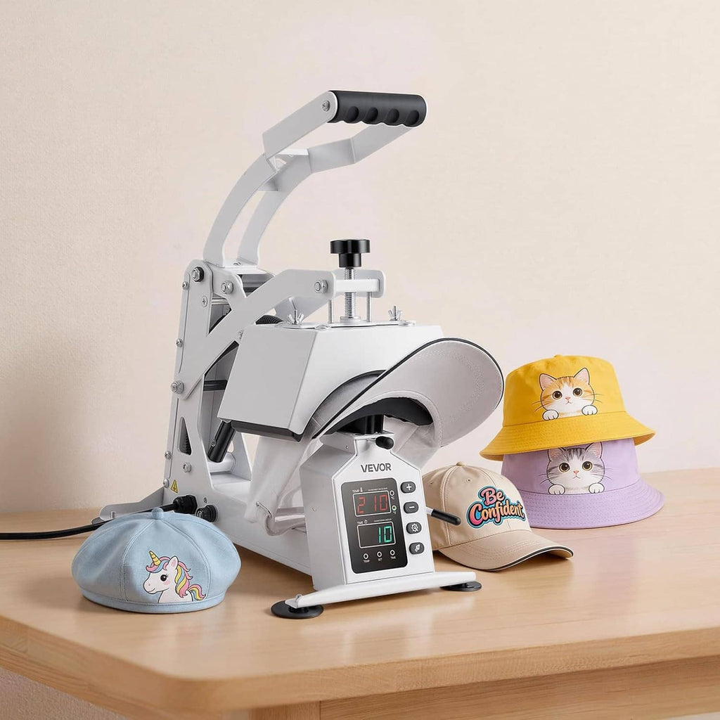 Hat heat press machine with curved cap platen and printed bucket caps