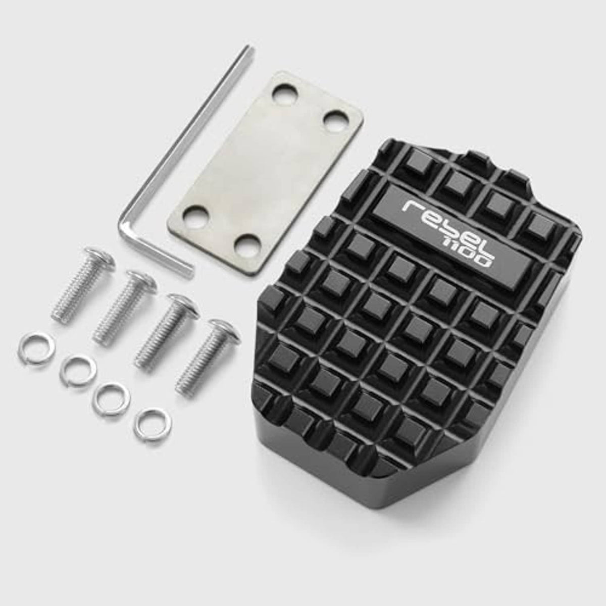 Black brake pedal extension with mounting plate and included screws