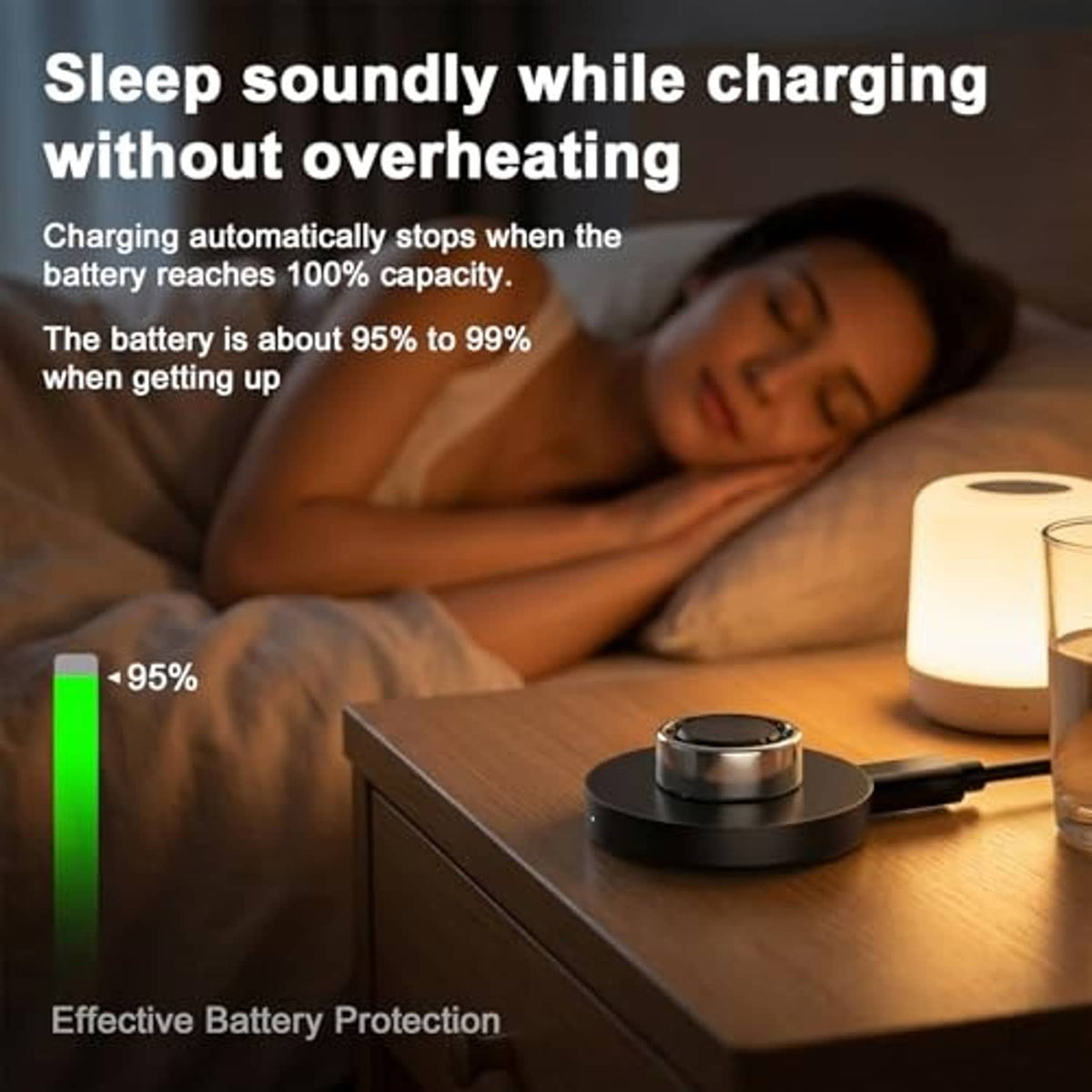 Black charging dock on bedside table with ring cradle and connected cable