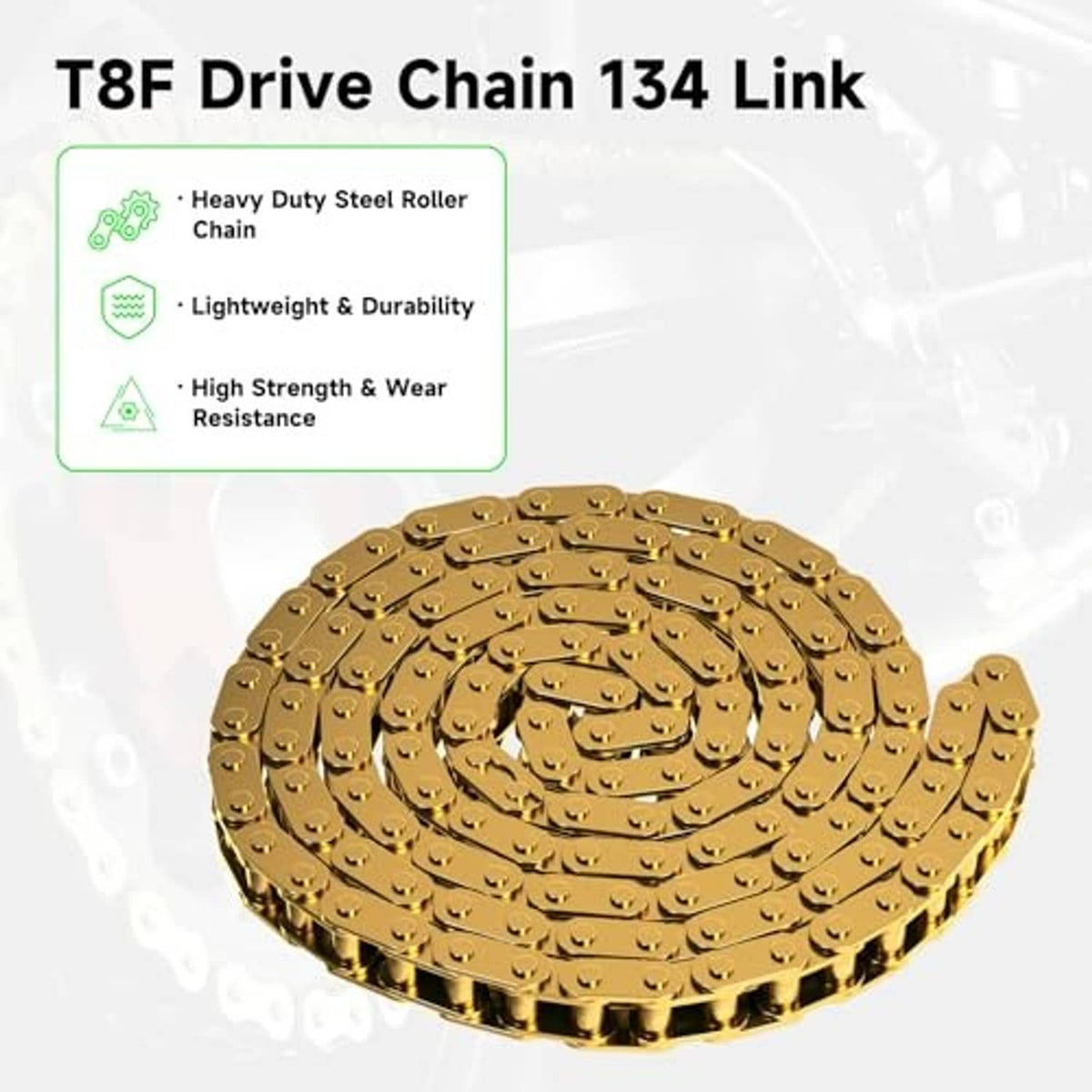 Gold drive chain coil with close-up of heavy-duty steel roller links