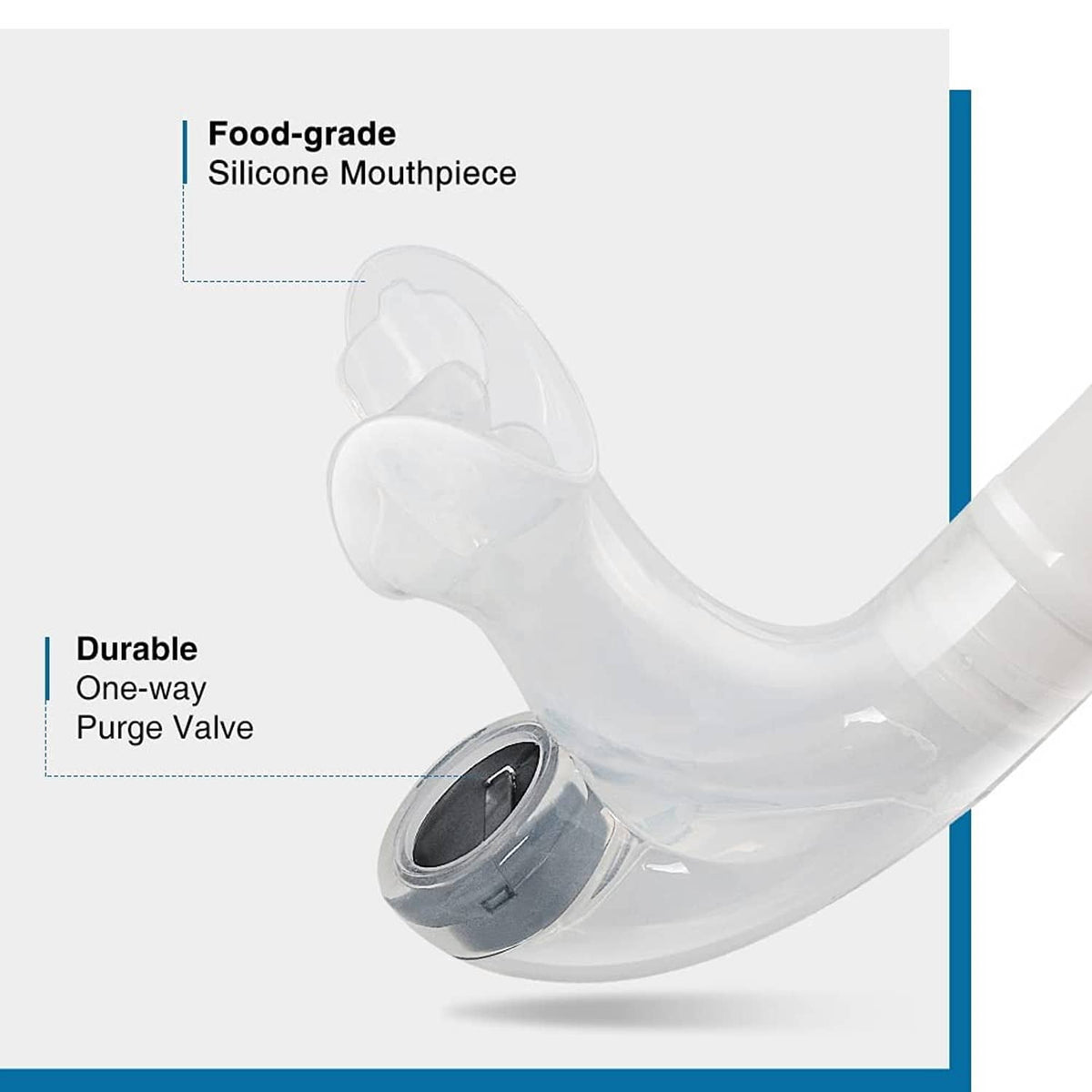 Food-grade silicone mouthpiece with durable one-way purge valve swim snorkel