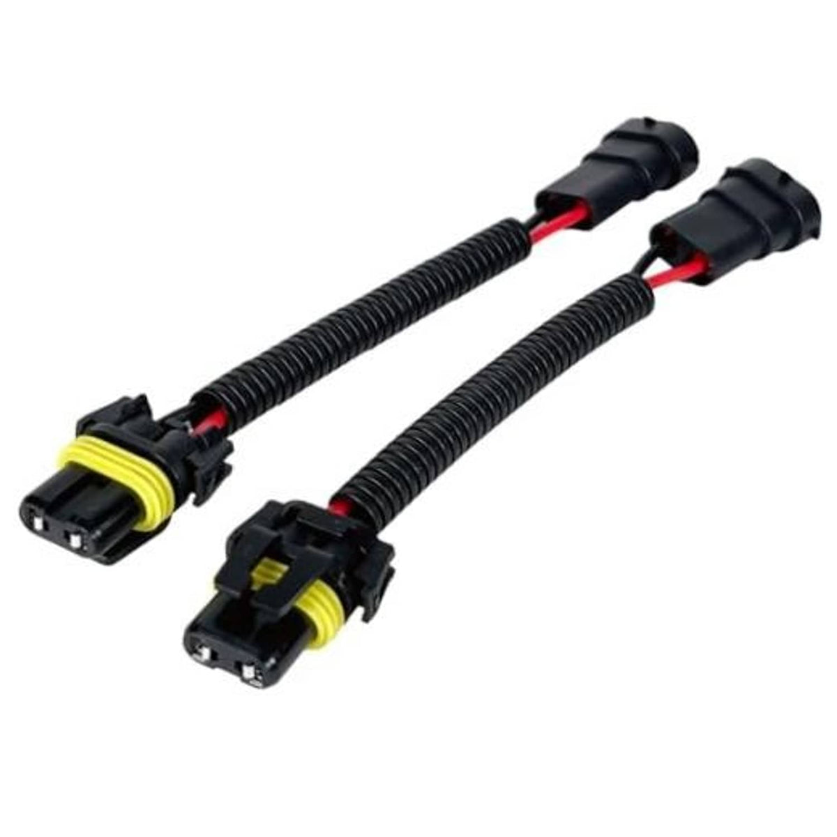 Pair of headlight adapter pigtails with black housings, red wires, and yellow rings