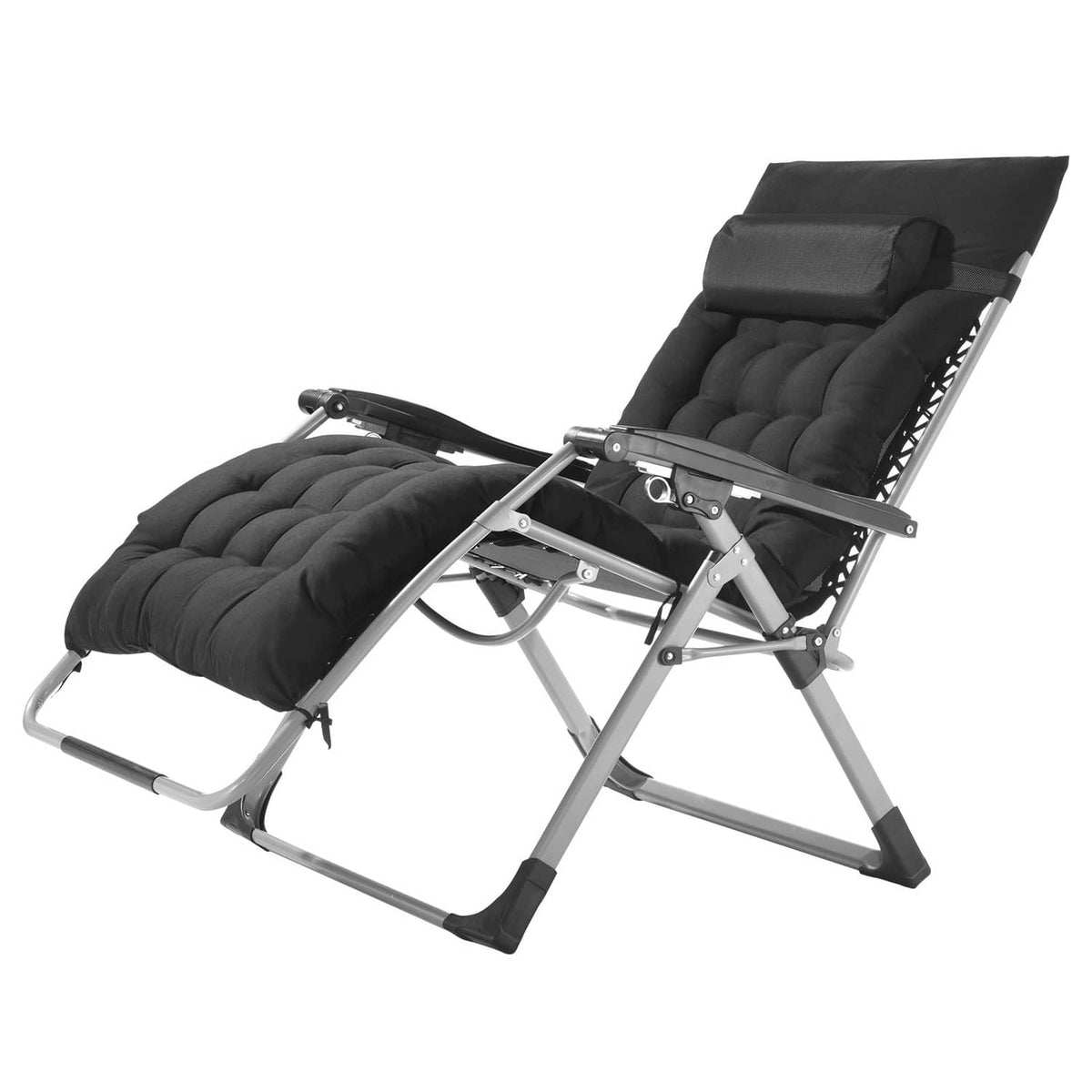 Black padded zero-gravity recliner lounge chair with adjustable recline frame.