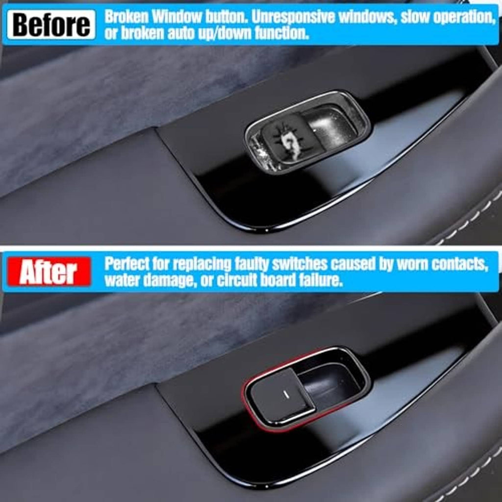 Car power window switch with red-edged rocker on dark door panel trim
