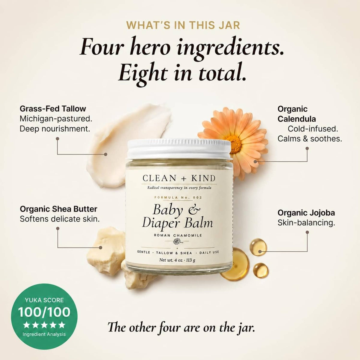 Clean + Kind Baby & Diaper Balm jar with four hero ingredient callouts and flowers