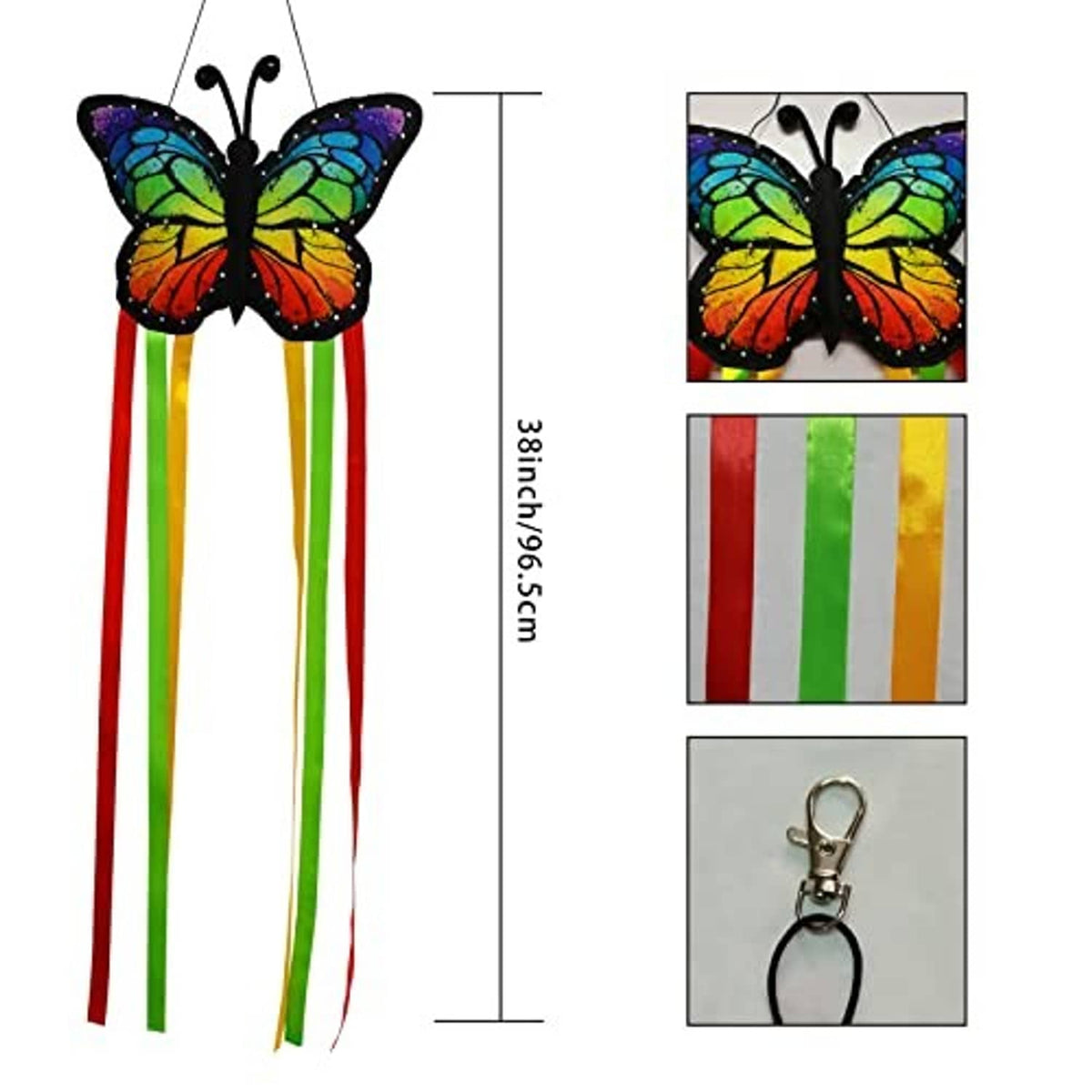 Butterfly windsock with multicolor wings, four striped streamers, and hanging keychain clip
