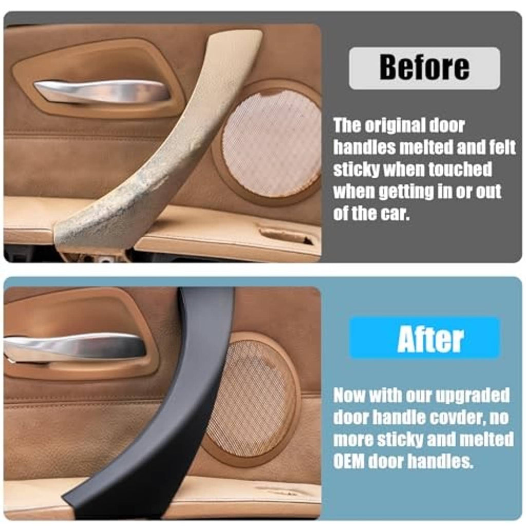 Black door handle covers shown in before-and-after comparison on a car door.