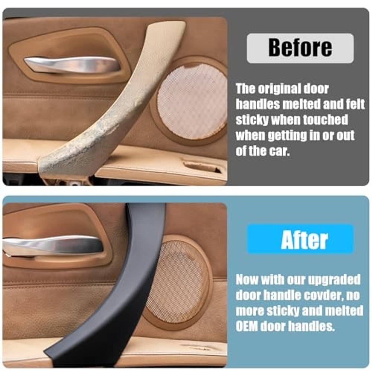 Black door handle covers shown in before-and-after comparison on a car door.