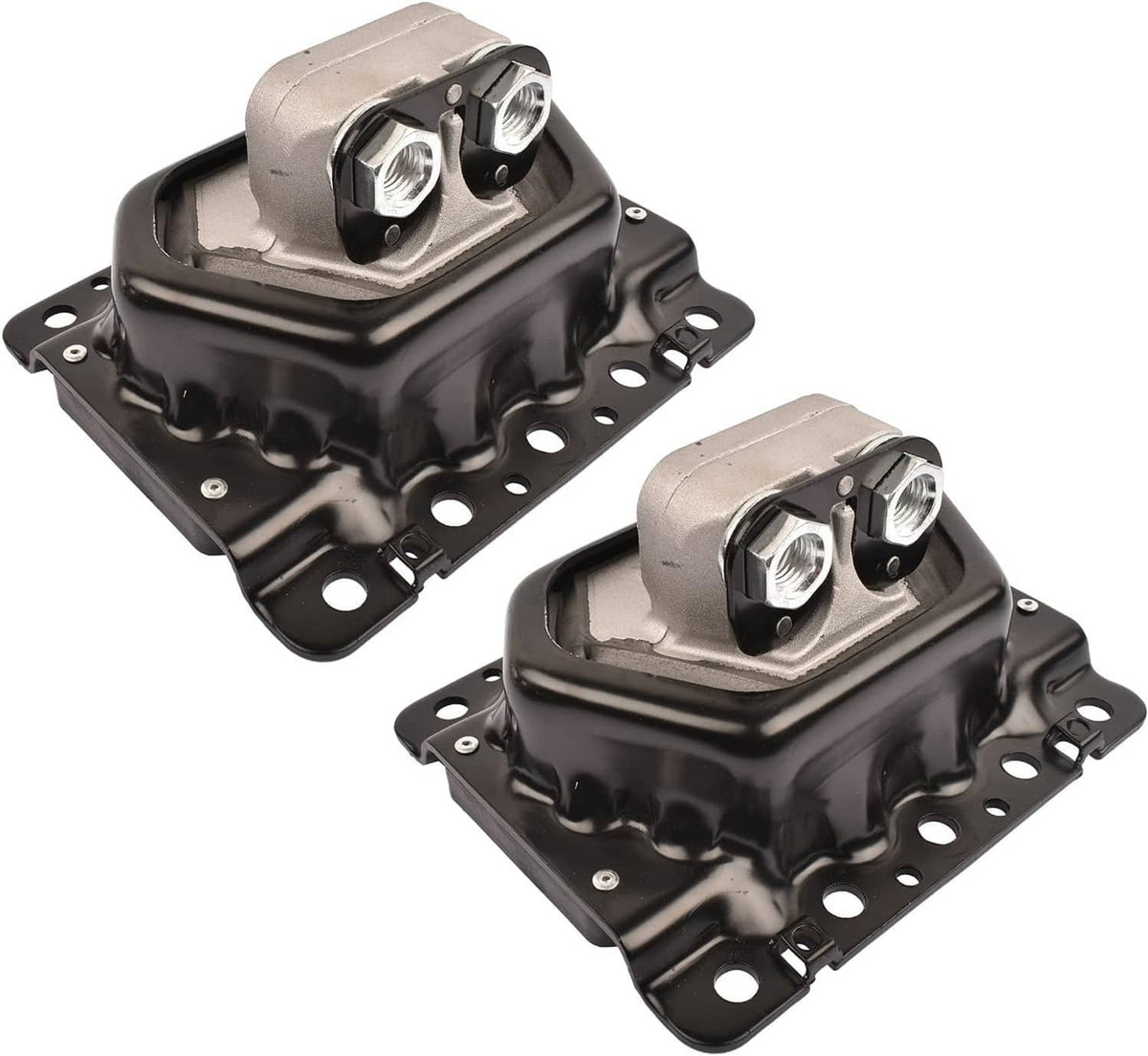 Pair of black engine mounts with silver caps and multiple side bolt holes