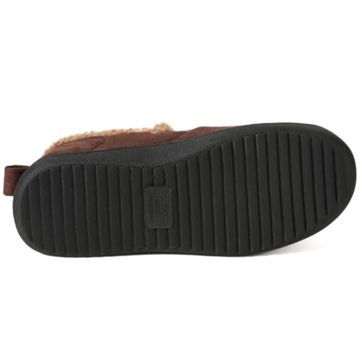 Tan suede bootie slipper with sherpa top; ribbed black outsole tread.