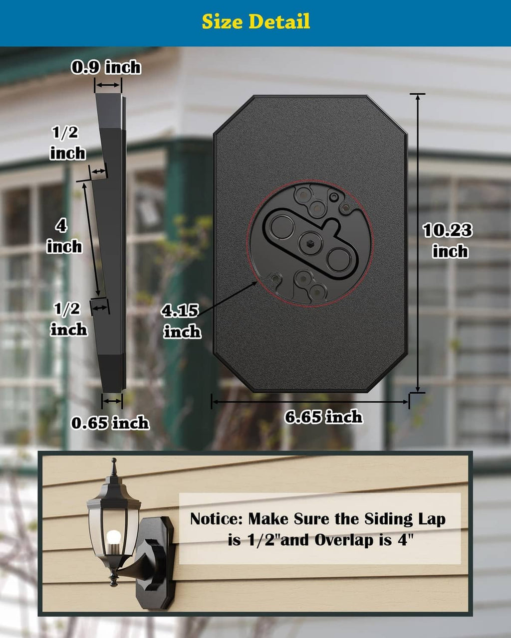 Black octagonal mounting block for light, 6.65 in x 10.23 in, with mounting plate