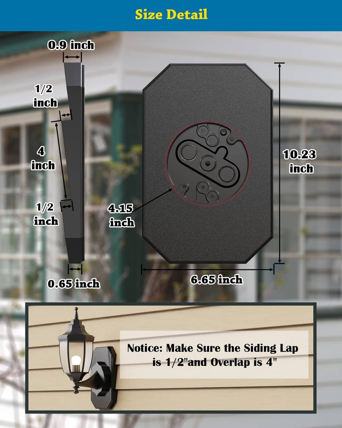 Black octagonal mounting block for light, 6.65 in x 10.23 in, with mounting plate
