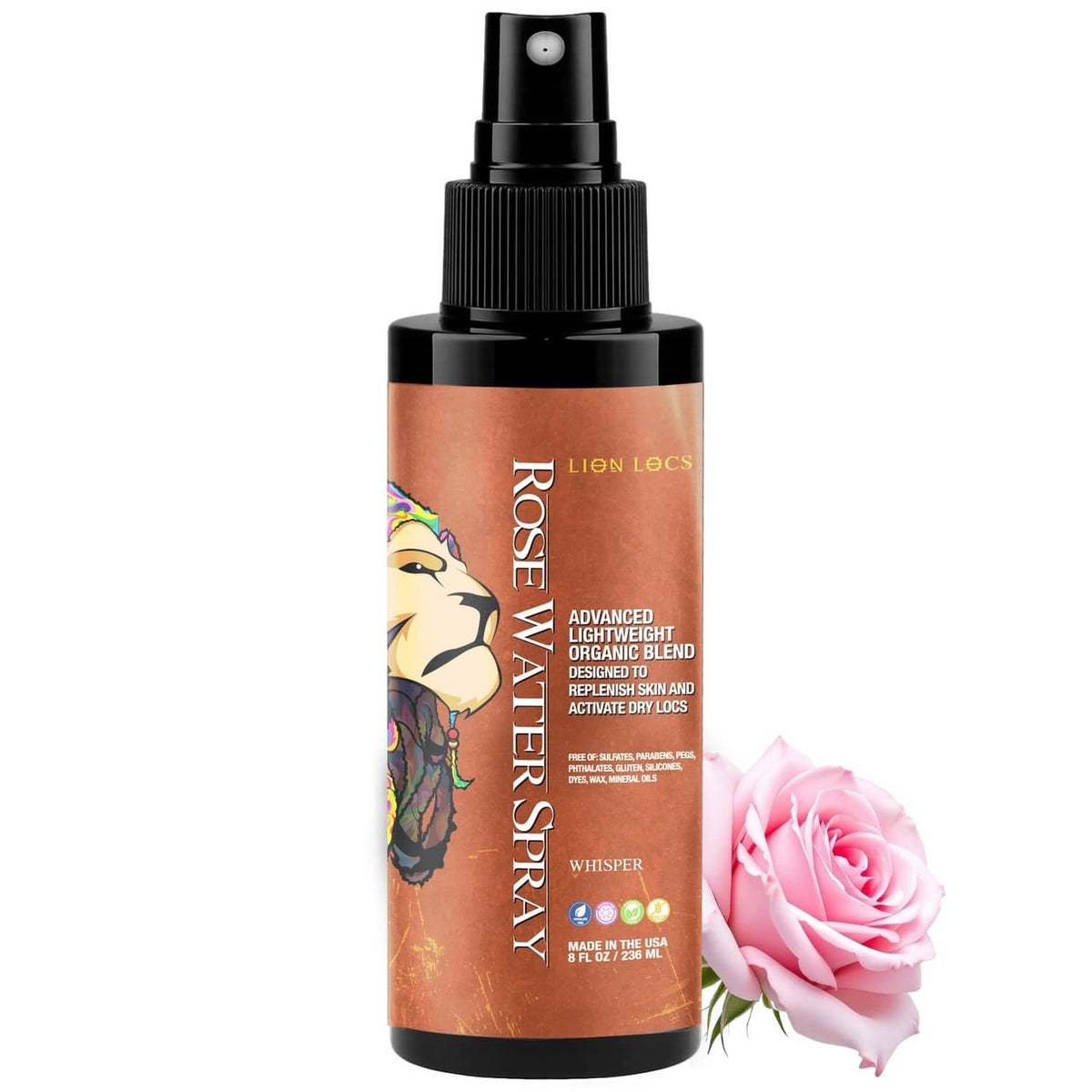 Rosewater moisturizing spray bottle with black pump, rose design label, 8 fl oz size.