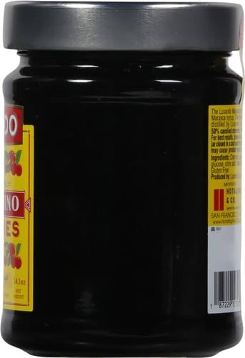 Luxardo maraschino cherries jar, black container with back label and barcode.