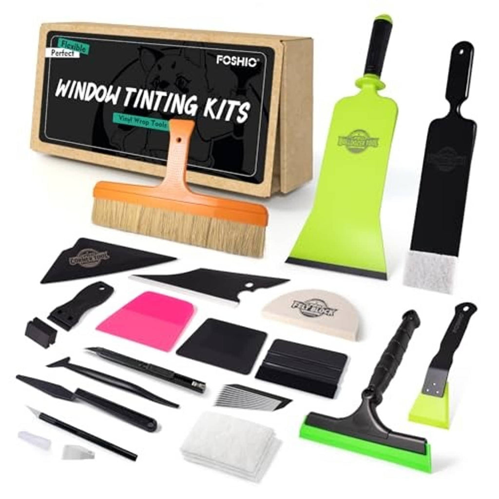 Pro window tinting kit with neon-green and black squeegees, brushes, and scraper tools