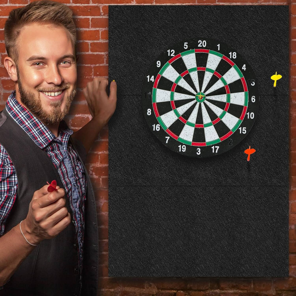 Black felt dartboard wall backing with installed dartboard and darts