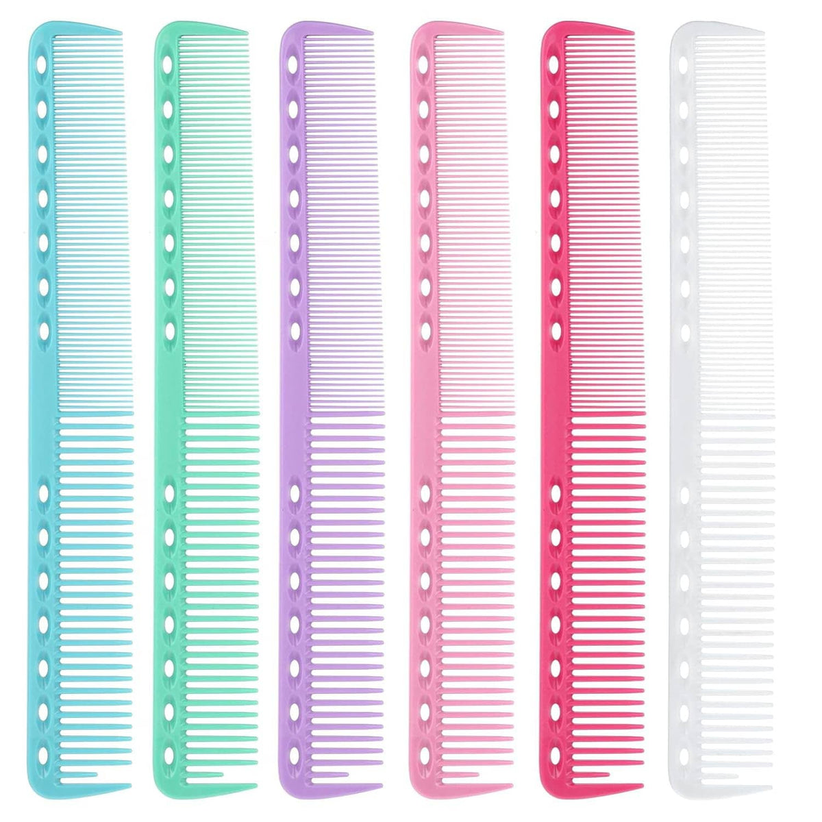 Assorted fine-tooth cutting combs in six colors, including teal and white