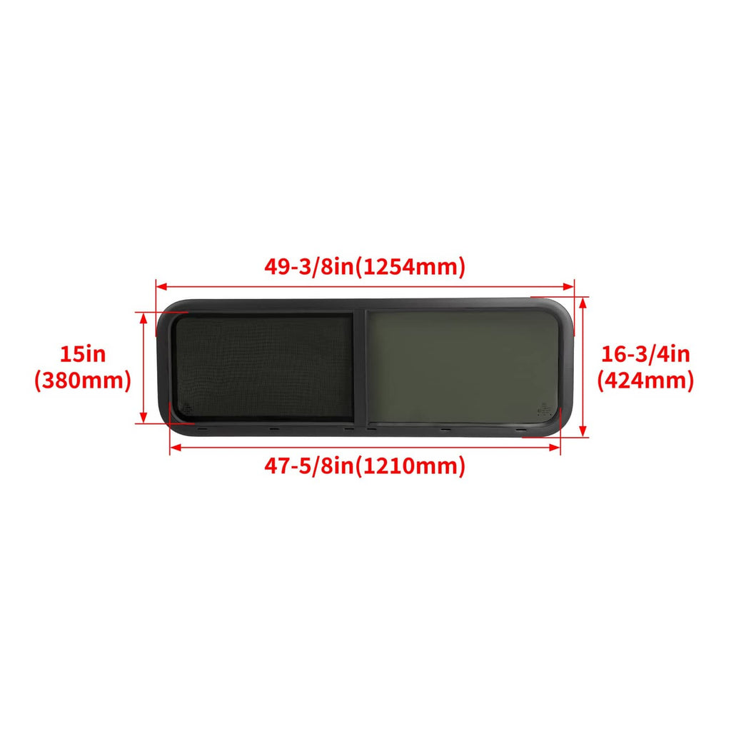 Sliding RV cargo trailer window showing rectangular outer dimensions