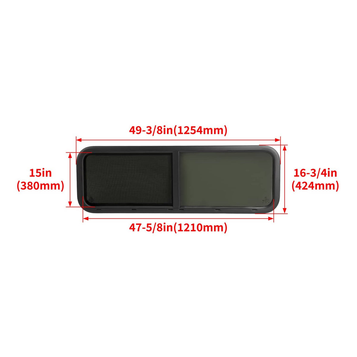 Sliding RV cargo trailer window showing rectangular outer dimensions