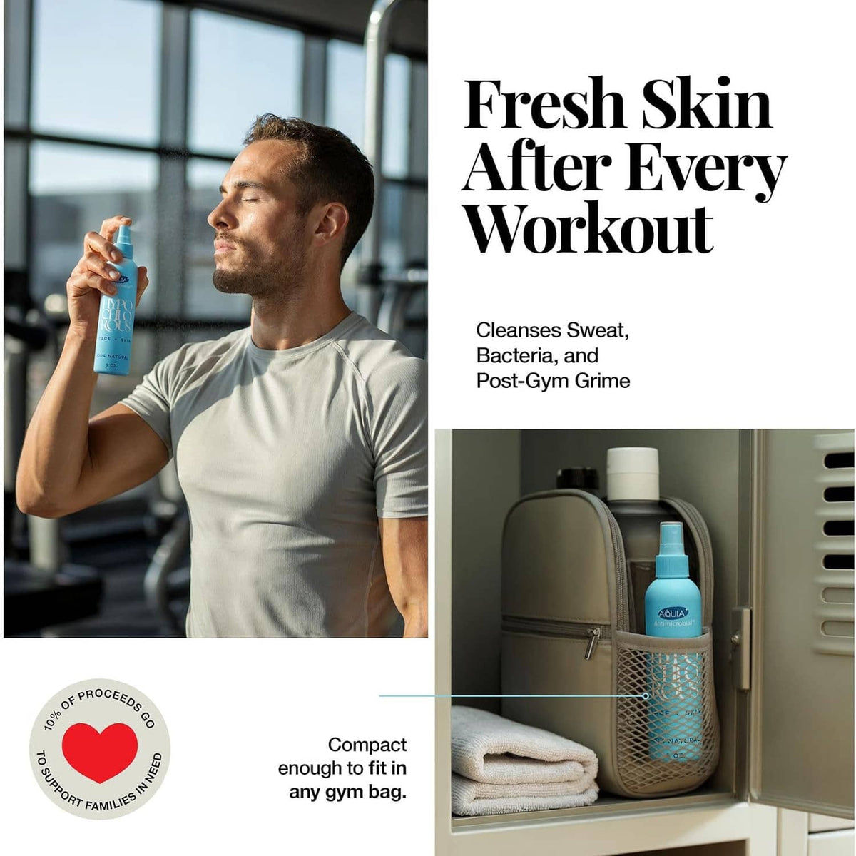 Hypochlorous acid spray bottle in a workout scene, held by a man