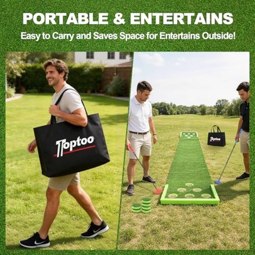Green golf putting mat in use with carry bag and practice putter and balls