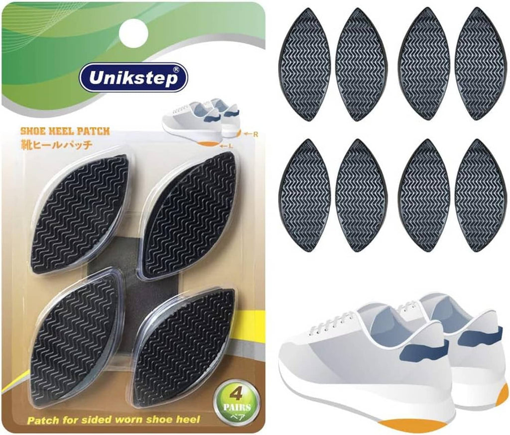 Shoe heel repair plates set with four black rubber side patches in Unikstep pack