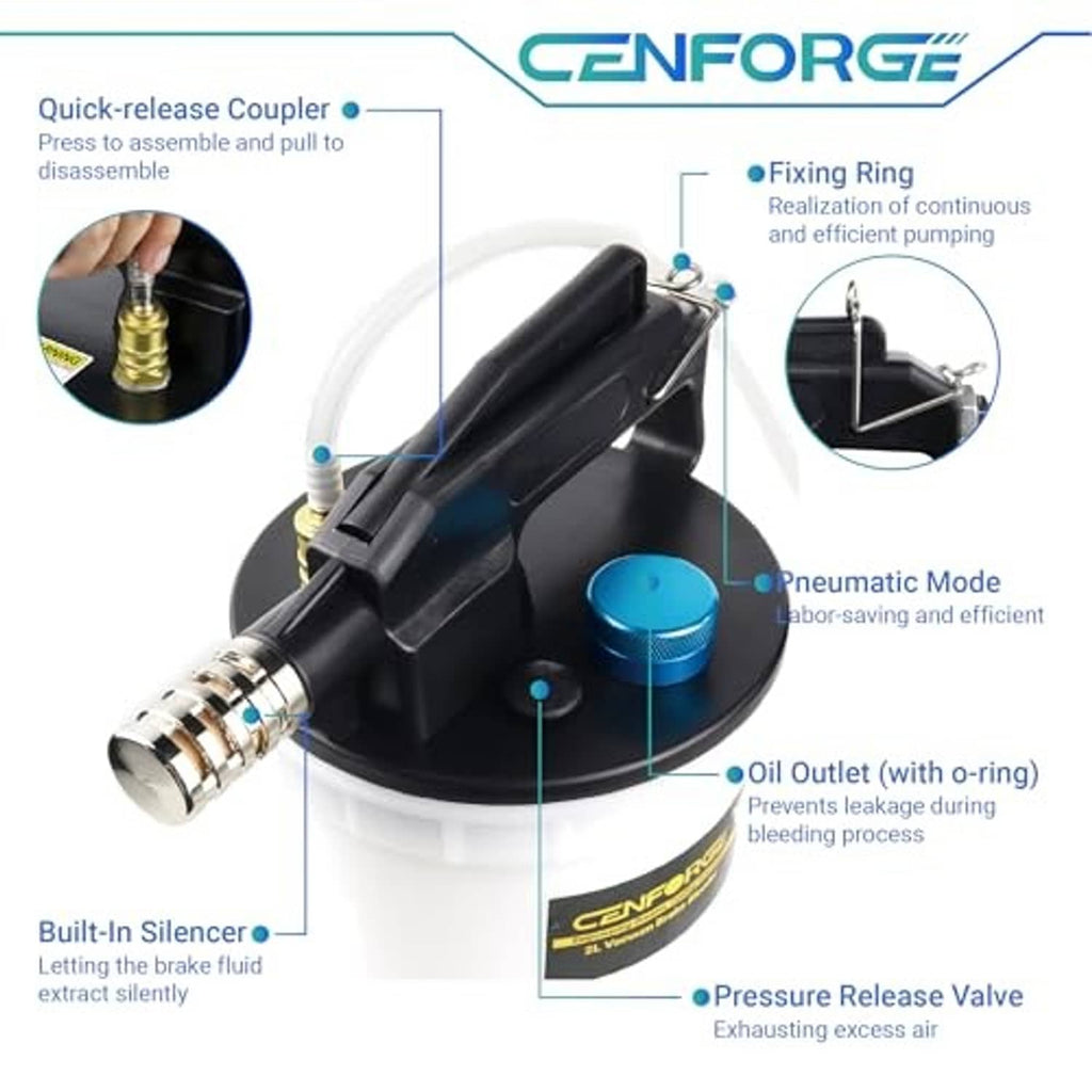 Vacuum brake bleeder pump unit with quick-release coupler, pressure release valve, and oil outlet