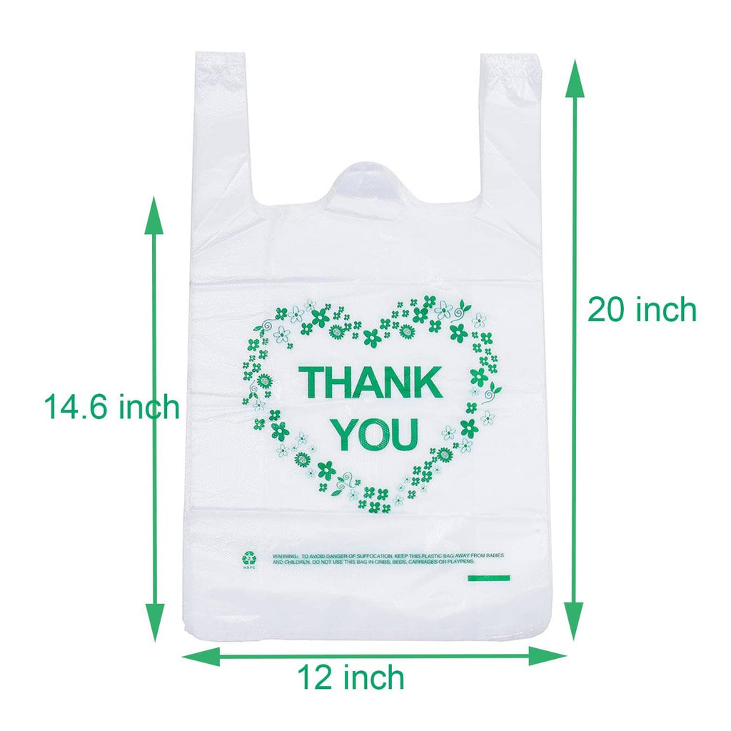 White plastic grocery bag, THANK YOU clover wreath, 14.6 x 12 x 20 in