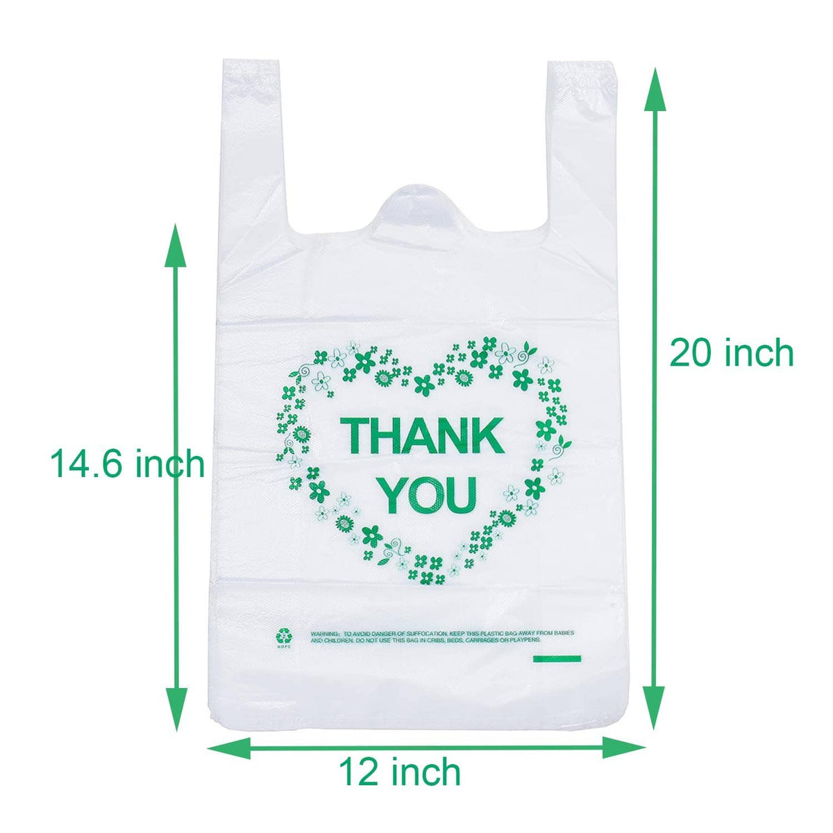 White plastic grocery bag, THANK YOU clover wreath, 14.6 x 12 x 20 in