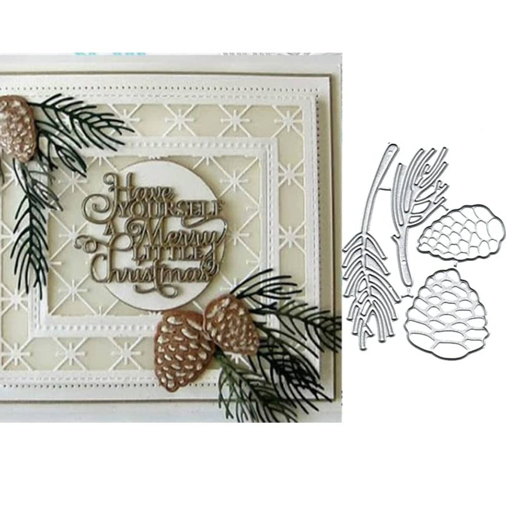 Christmas greeting card featuring silver metal pine cone and foliage die cuts
