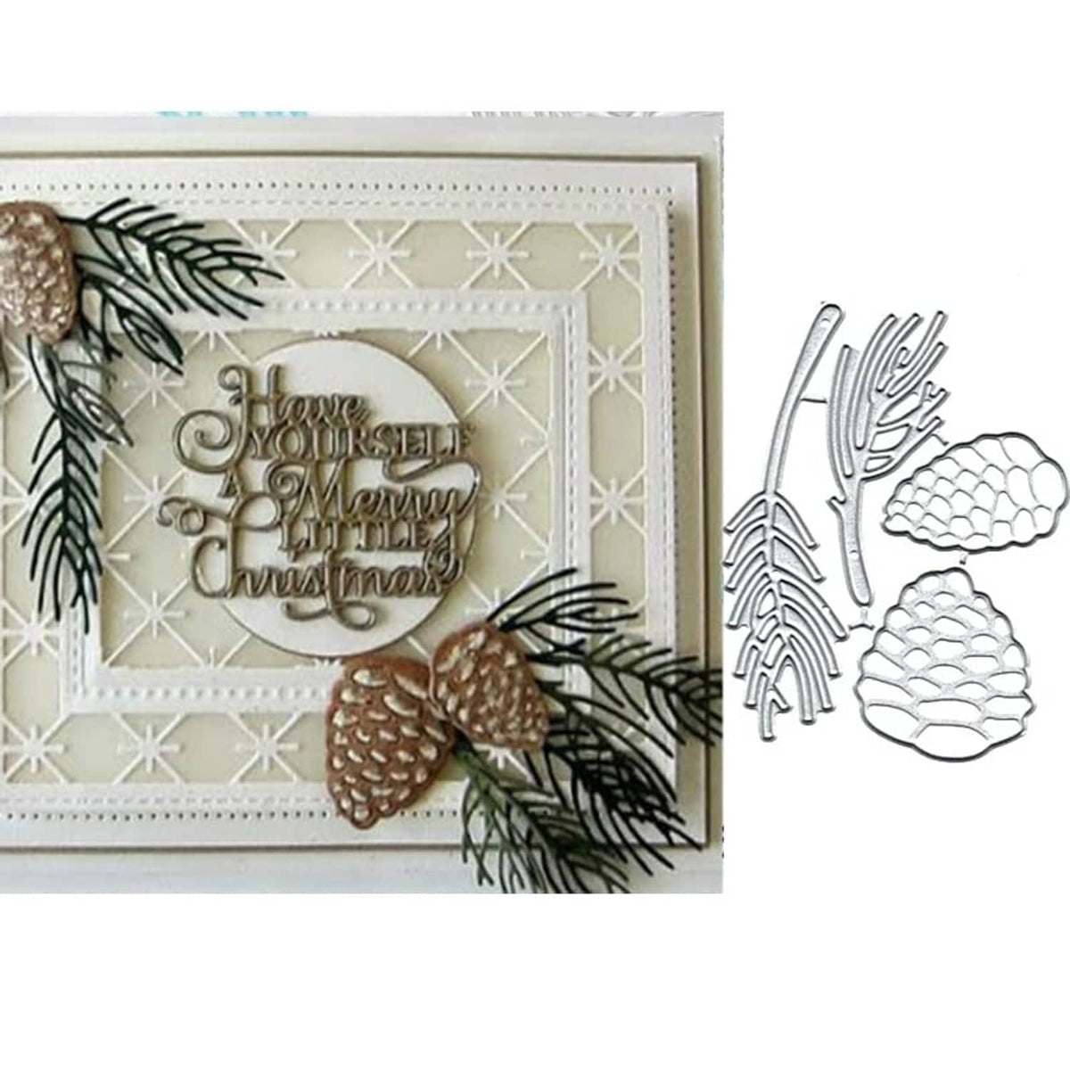 Christmas greeting card featuring silver metal pine cone and foliage die cuts