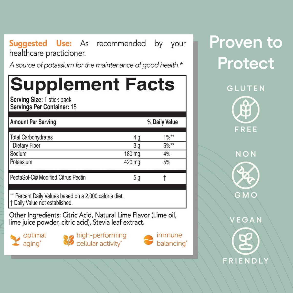 Supplement Facts panel for modified citrus pectin, 5 g per stick pack