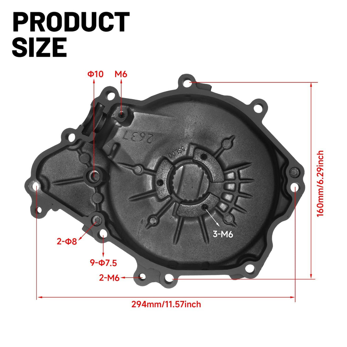 Black left engine crankcase stator cover, underside view with mounting points
