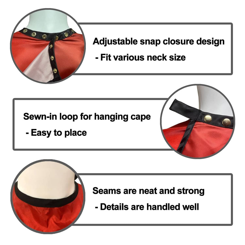 Red barber cape with adjustable snap closure, hanging loop, and reinforced seams