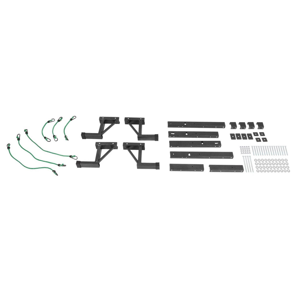 Ladder rack mounting kit with brackets, bungee straps, and hardware fasteners
