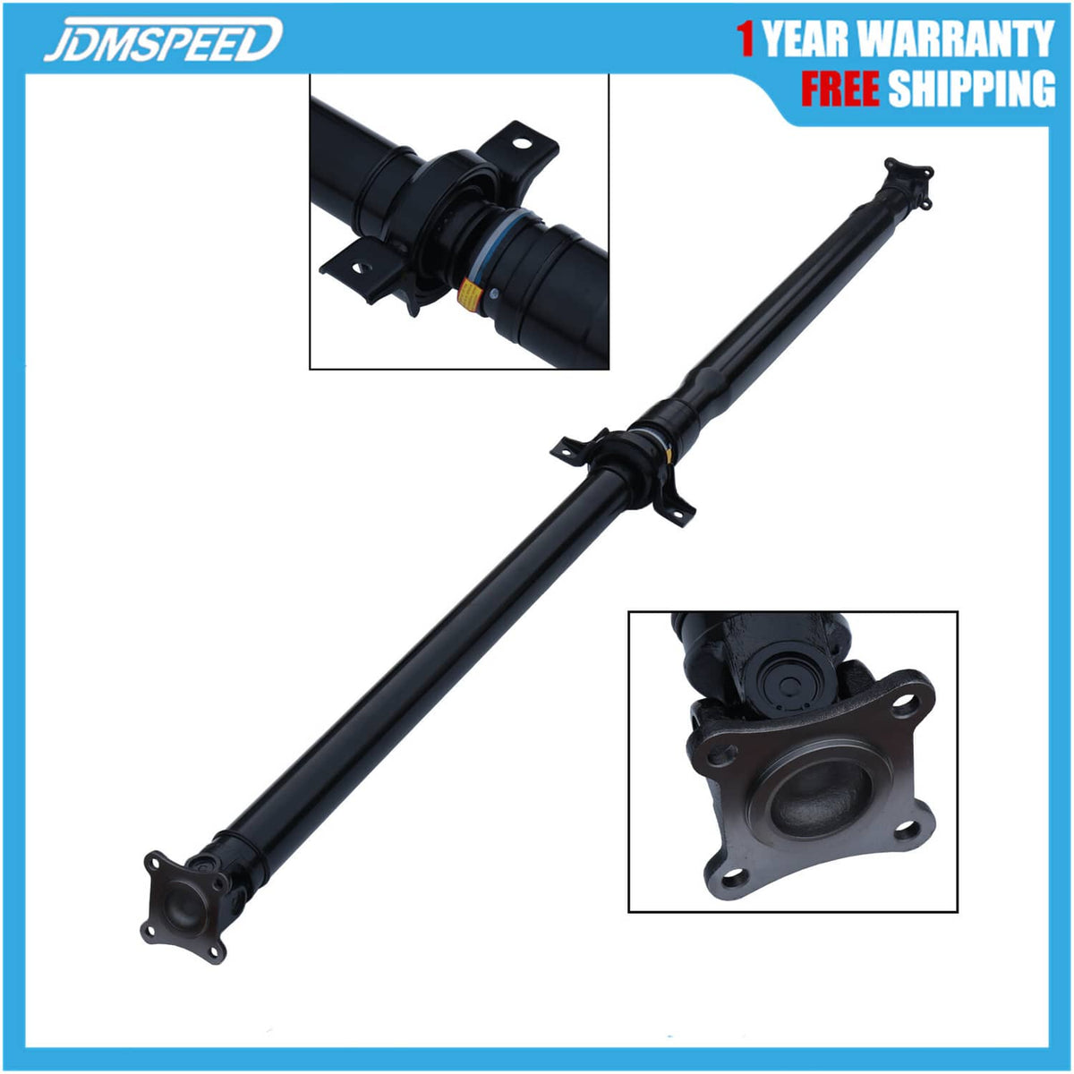 Rear driveshaft assembly with U-joint yoke and black shaft, flange mount bracket