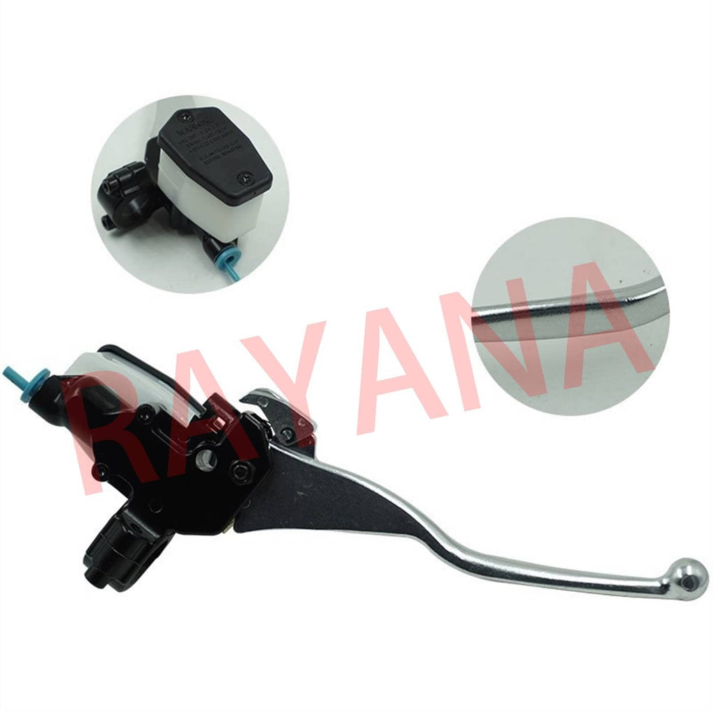 Brake master cylinder with lever, shown from side with connector and mounting clips