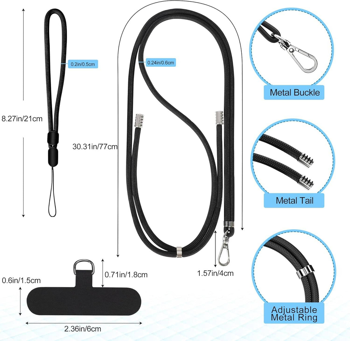 Adjustable black phone lanyard with metal buckle, tail clamp, and key clip