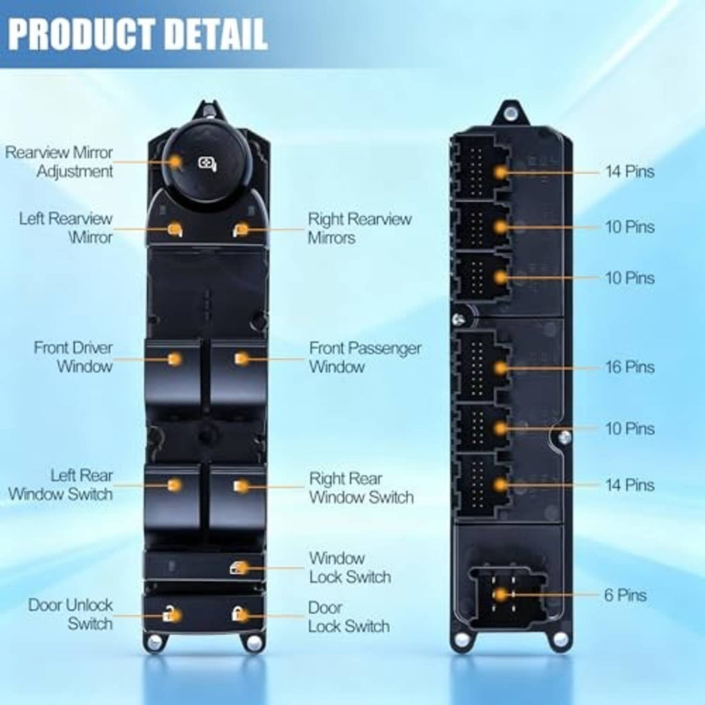 Power window switch module with multiple buttons and rear connector pins