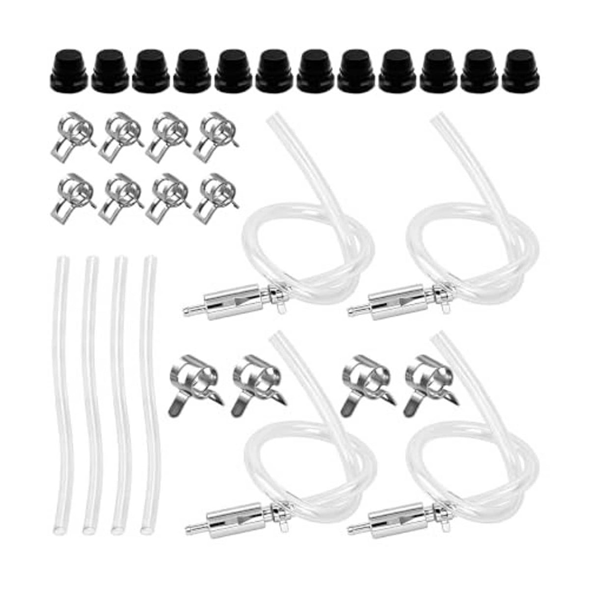 Brake bleeder hose kit with two transparent hoses, one-way valves, fittings, and black caps