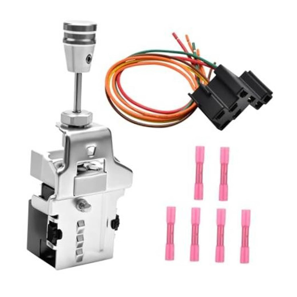 Headlight switch wiring harness kit with chrome switch, black plug, and pink terminals