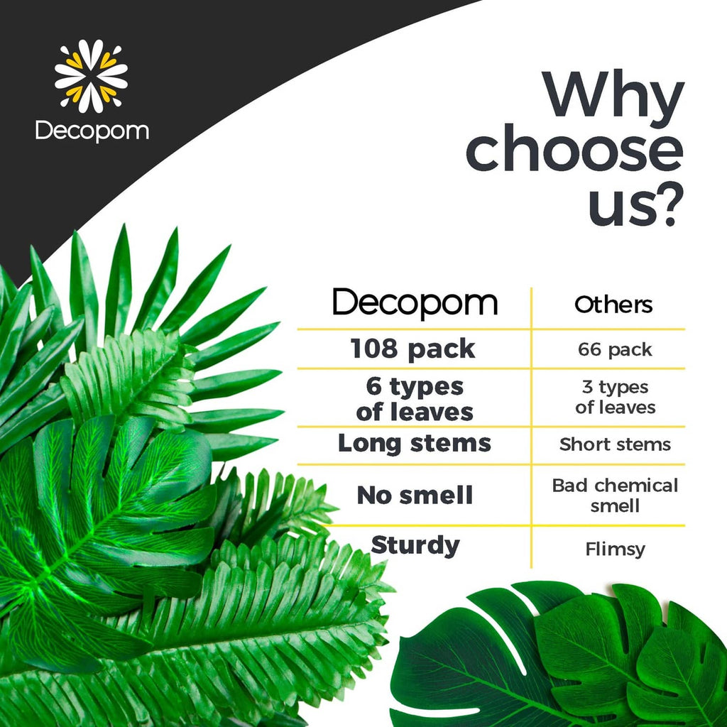 Artificial tropical leaf set, 6 types with long stems, green leaves, 108 pcs