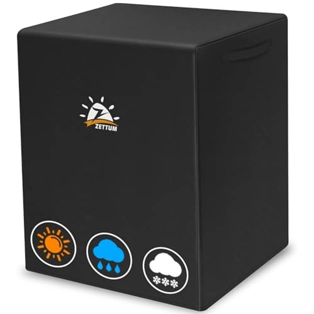 Black outdoor AC unit cover with front logo and side utility icons