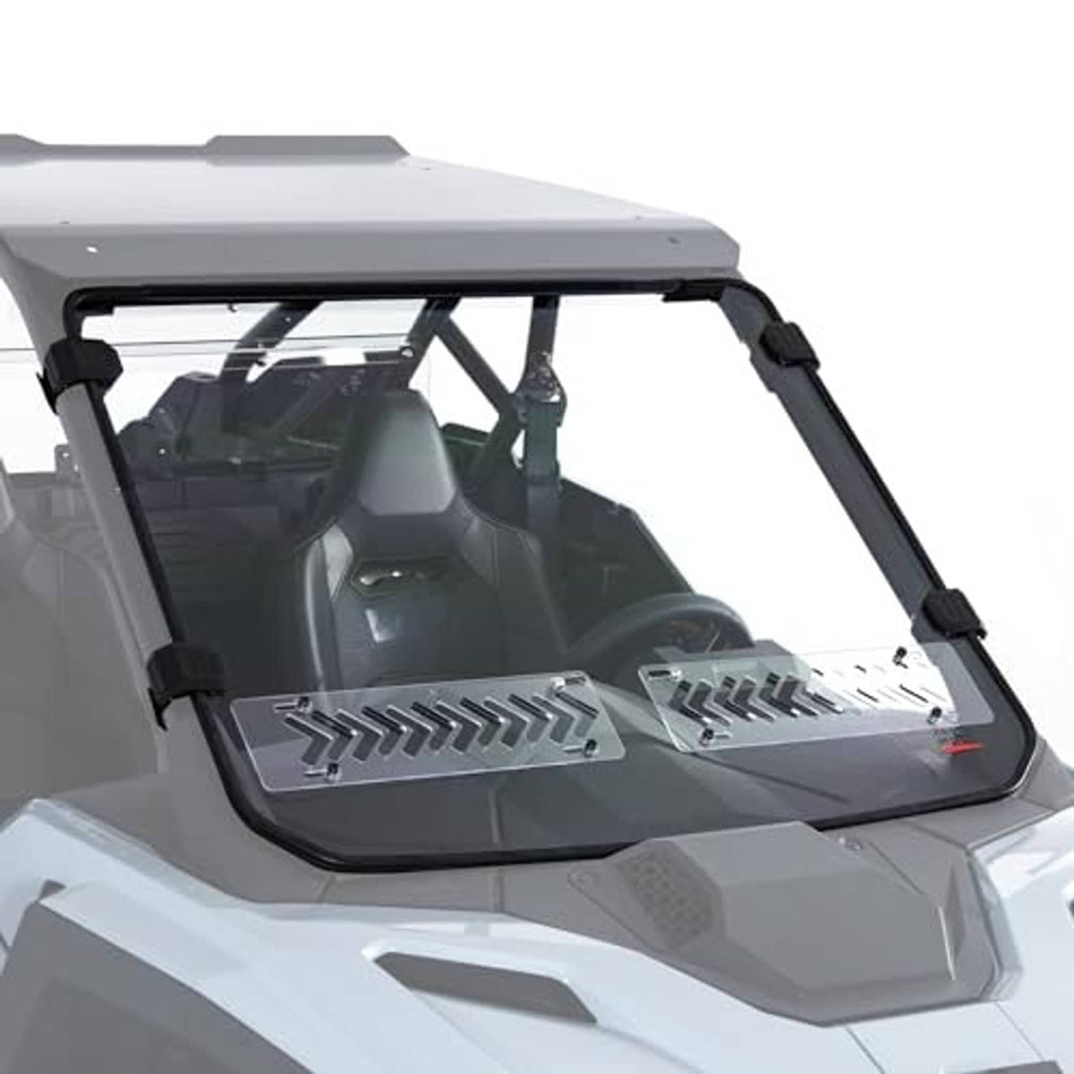 UTV windshield with tinted glass, black supports, and sliding vent window panel