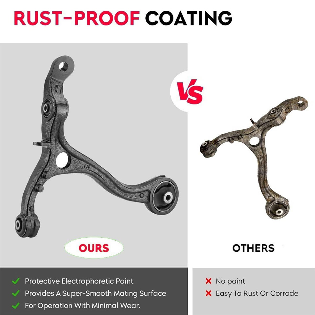 Pair of front control arms shown side-by-side with coated finish versus worn finish