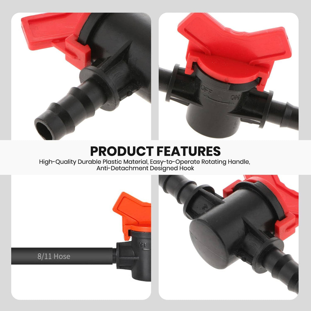 Close-up inline barbed ball valve with red lever handle and black plastic connector