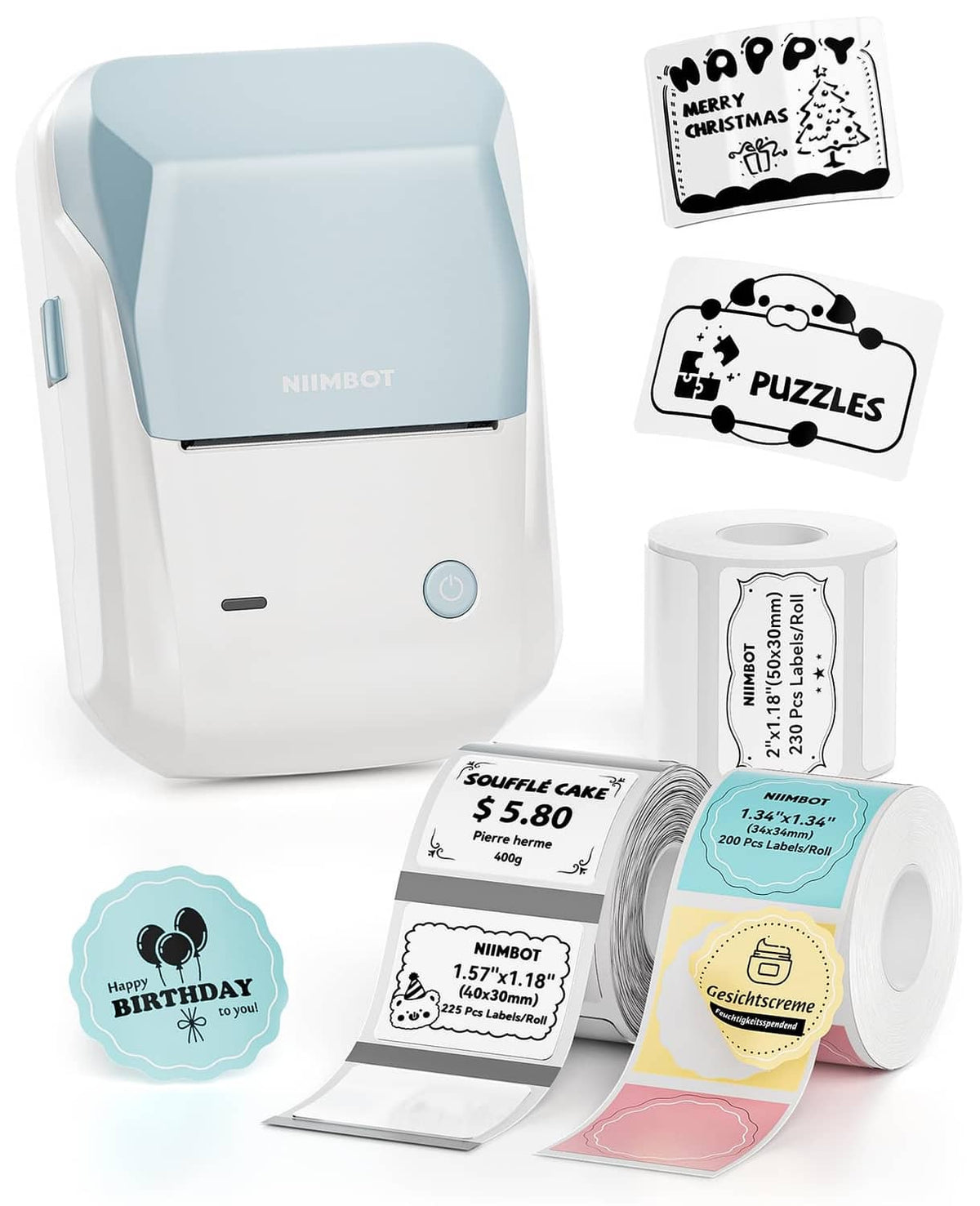 NIIMBOT B1 label maker with light blue top and blank label rolls, plus sample tapes