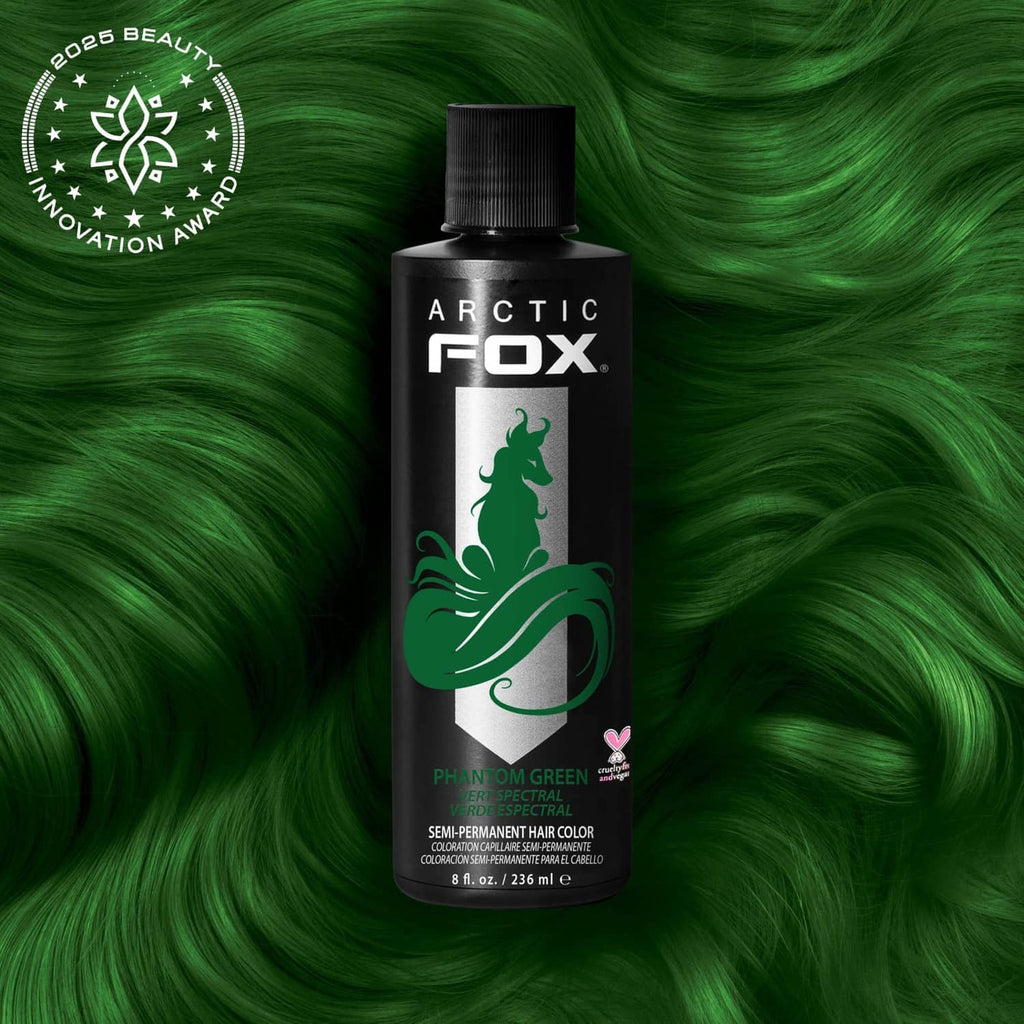 ARCTIC FOX Phantom Green semi-permanent hair dye bottle with green shade artwork