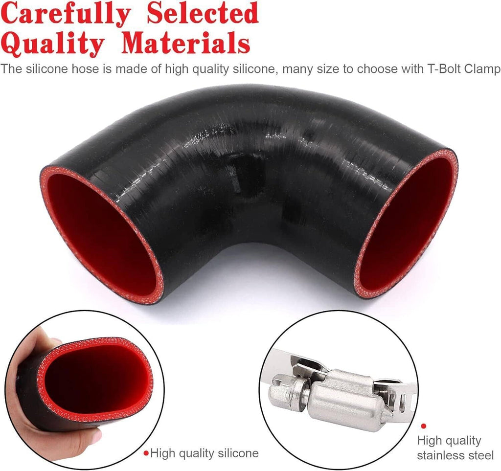 Black 90-degree silicone hose elbow with red inner ports and inset stainless clamp detail