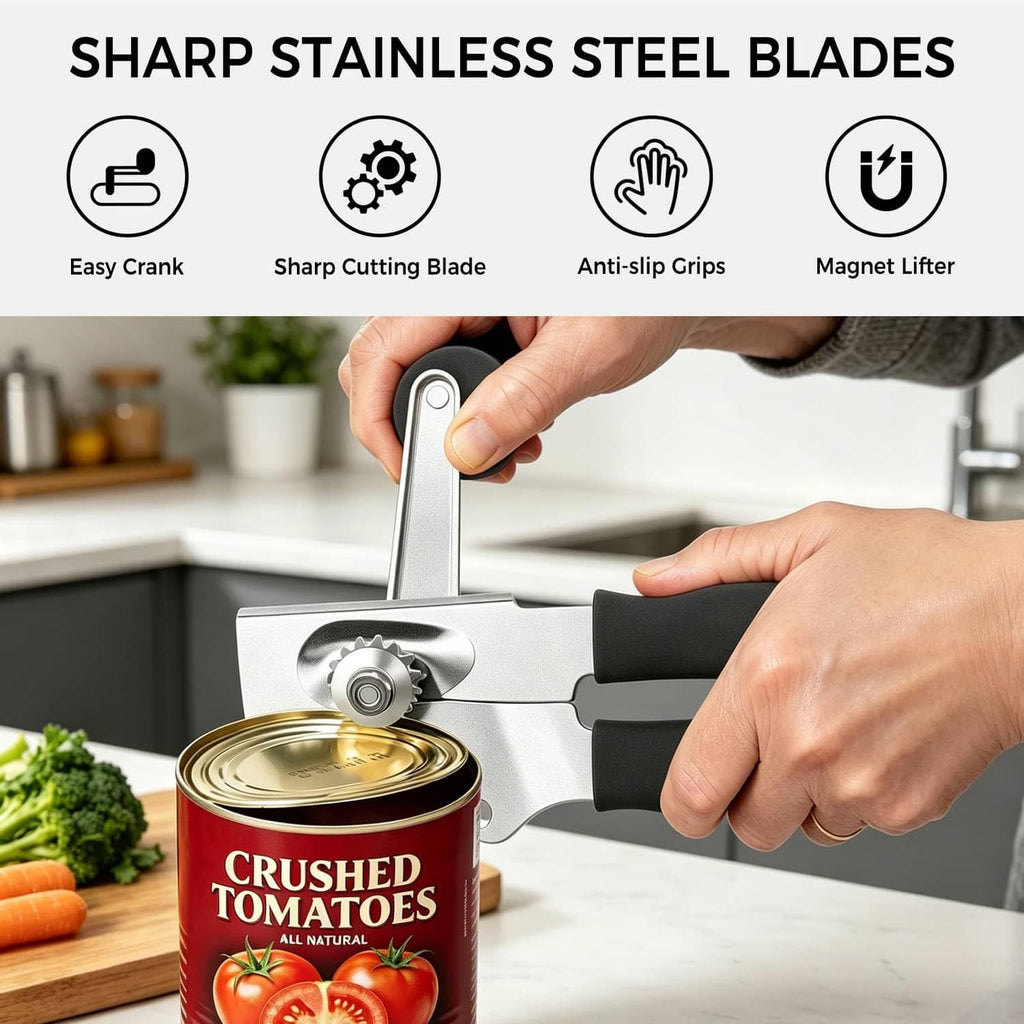 Can opener with stainless cutting wheel and black non-slip grips, lifting can lid